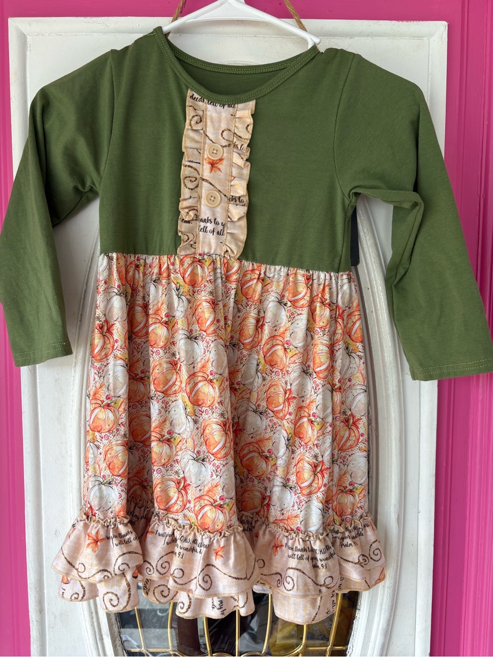 Girls Olive Green and Pumpkin Print Long Sleeve Dress